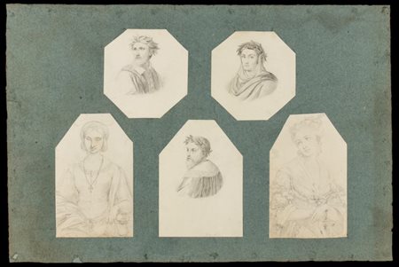 Giovanni Andrea Darif (Venezia 1801-Venezia 1870). Serie di cinque ritratti: tre poeti coronati di lauro e due figure femminili