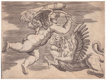 Agostino Veneziano (Agostino dei Musi) (attribuito a) (ca. 1490-ca. 1536). Cupido ed un grifo
