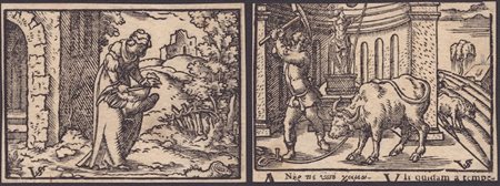 Virgil Solis (1514-1562). Donna che macella un gallo | Uomo che macella un bullo