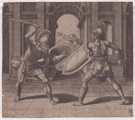 Maestro del Dado (1530-1560 fl.). Due gladiatori che combattono