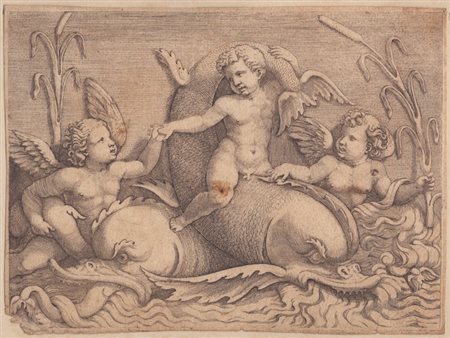 Adamo Scultori (1530-1585). Tre putti con mostri marini