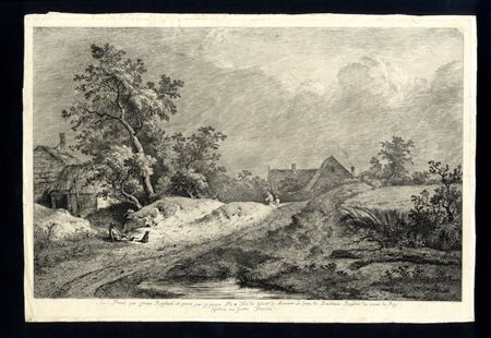 Jean Jacques de Boissieu (1736-1810). Paesaggio con casolare e ruscello, con contadino seduto e cagnolino