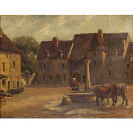 SCUOLA FRANCESE XIX SECOLO, Piazza con abbeveratoio e mucche