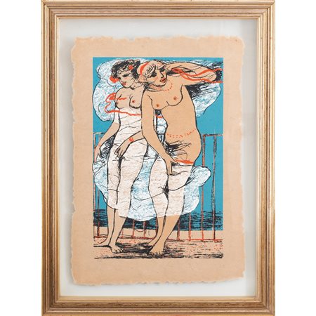 SALVATORE FIUME, Due figure femminili, Litografia a colori
