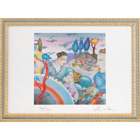 LUCA ALINARI, Paesaggio con figure, Litografia a colori