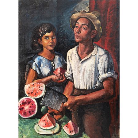 EZIO BUSCIO, Venditore di anguria, Olio su tavola