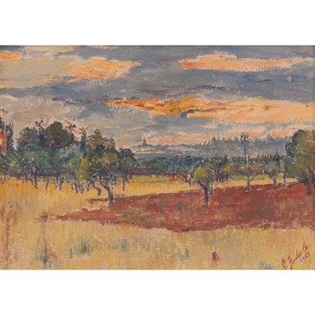 ROCCO FODALE, Paesaggio al tramonto, Olio su tavola
