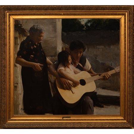 TONINO MANNA, Esterno con suonatore di chitarra, Olio su tela