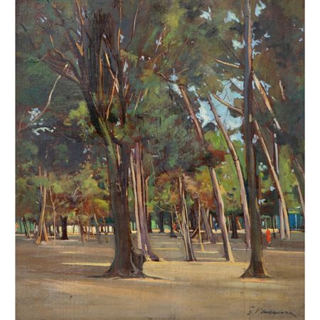 PIERO VACCARI, Parco con personaggi, Olio su tavoletta