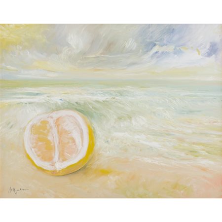 MICHELE SPADARO, Paesaggio marino e limone, Olio su tavola