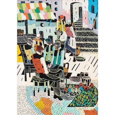 MARCELLO PIACENTINI, Cortile con personaggi, Olio su tela