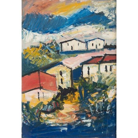 ANONIMO DEL XX SECOLO, Caseggiato, Olio su cartoncino