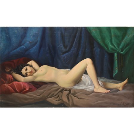 Luigi Bianchi - Nudo di donna adagiata tra tessuti policromi, primi 20° secolo