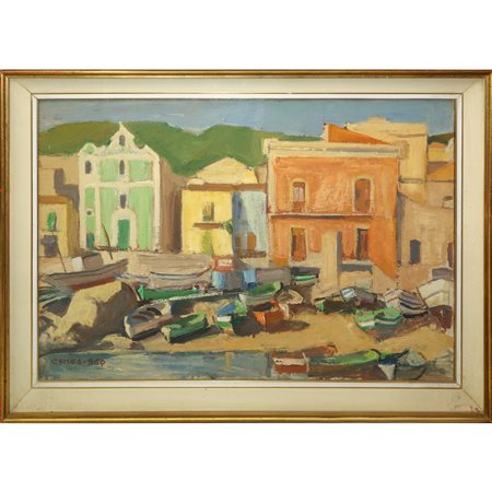 Carmelo Comes (Catania 1905-Catania 1988)  - Acitrezza con la chiesa, 1960