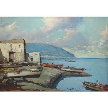 Fortunato Fontana (Napoli 11/02/1936)  - Marina mediterranea con barche e pescatori e due casette