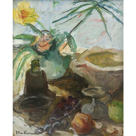 Elio Romano (Trapani 1909-Catania 1996)  - Vaso con fiori, bottiglie, mortaio e frutta
