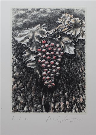 Fazzini Pericle Grappolo d'uva acquaforte su carta colorata a mano, cm....