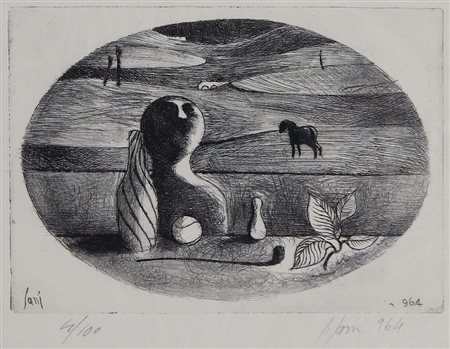 Sarri Sergio Composizione ovale, 1964 acquaforte su carta, cm. 14x19, es....