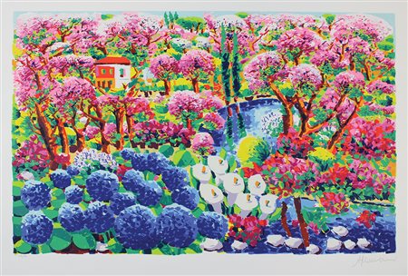 Faccincani Athos Il ruscello tra i peschi in fiore serigrafia polimaterica a...