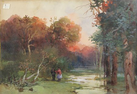 Anonimo Paesaggio con figure acquarello su carta, cm. 45x64 firma illeggibile...