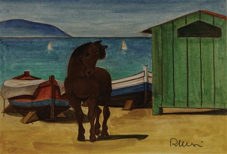 Masi Roberto Cavallo bruno e barche, tecnica mista su cartone, cm. 18x24...