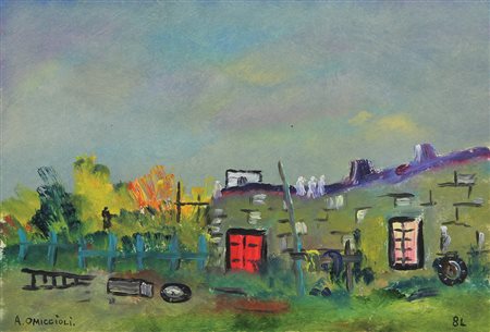 Omiccioli Alfonso Casolare dalla porta rossa, 1984 olio su cartone, cm...