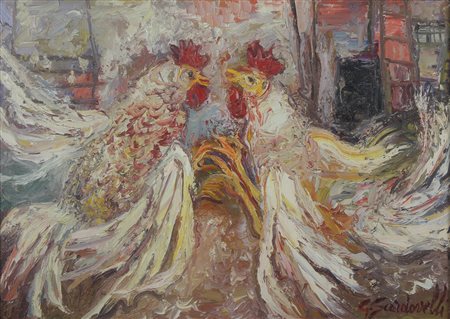 Scardovelli Giuseppe Due Galli, 1971 olio su tela, cm. 50x70 firmato in basso...
