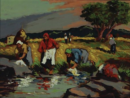 Signorini Lavandaie tempera su tavola, cm. 30x40 firmata in basso a sinsitra