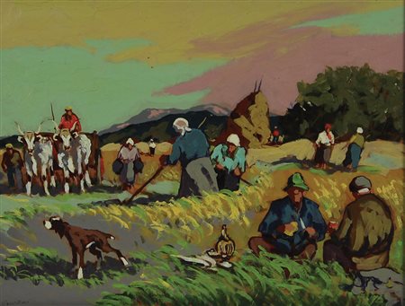 Signorini Lavoro nei campi tempera su tavola, cm. 30x40 firmata in basso a...