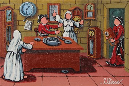 Ulisse Mastro orologiaio, 2006 olio su tavola, cm. 20x30 firmato in basso a...