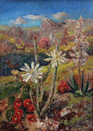 Aimetti Carlo Paesaggio con cactus e zucca, 1960 olio su tavola, cm. 70x50...