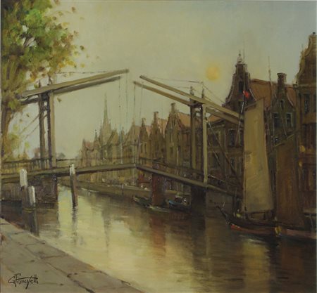 Francesetti Gilberto Cielo grigio a Dordrecht, 1990 olio su tela, cm. 40x50...