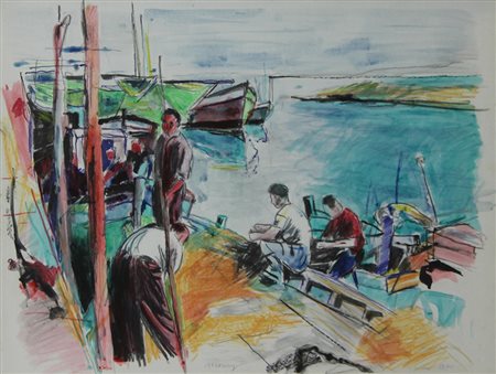 Morago Pescatori, 1971 pastello su carta applicata su tela, cm. 35x49 firmato...