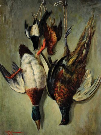 Mori N. Natura morta di cacciagione olio su faesite, cm. 85x64 firmato in...