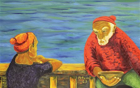 Pallara Luigi Colazione a bordo, 1963 olio su tavola, cm. 80x120 firmato e...