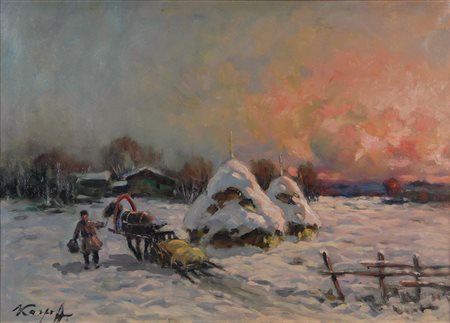 Karpoff Ivan Paesaggio invernale con carro olio su tela, cm. 50x70 firmato in...
