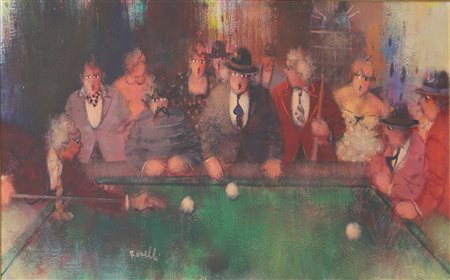 Roselli Giorgio Al biliardo acrilico su tela, cm. 30x60 firmato in basso a...