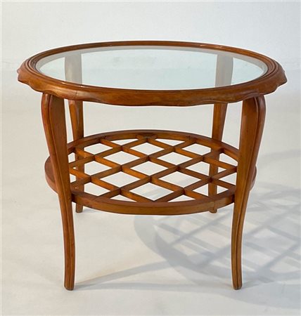 Tavolino tondo da salotto in legno massello, piano superiore con profilo polilo