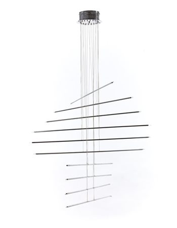 Lampada a sospensione. Italia, anni '80/'90. Aste e rosetta in metallo cromato,