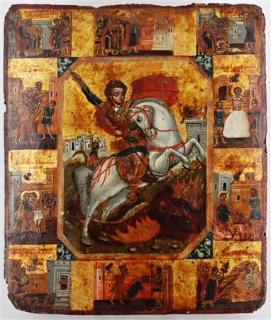 Arte russa, secolo XVIII. San Giorgio e il drago e storie agiografiche. Icona