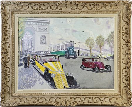 Dipinto ad olio su tela raffigurante scorcio cittadino con auto (cm 45x60) firm