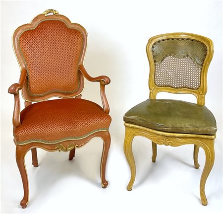 Lotto composto da una poltrona in legno intagliato e laccato con profili dorati