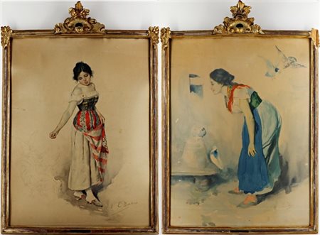 Edoardo Dalbono Lotto composta da due acquerelli su carta raffiguranti "Popolane