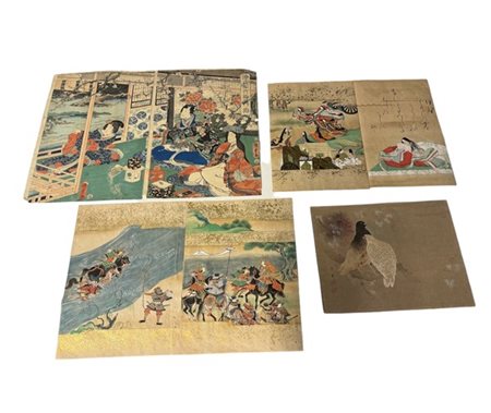 Cartella contenente due fogli di un trittico di scuola Utagawa, quattro frammen