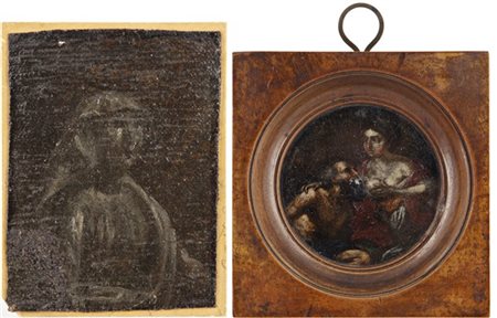 Lotto composto da un dipinto ad olio su cartone pressato circolare raffigurante