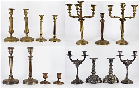 Lotto composto da numerosi candelieri e candelabri in metallo argentato e altri