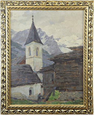 Firma indecifrata, secolo XX

"Scorcio montano con campanile e baita" 
olio su