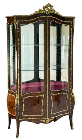 Vetrina a due ante impiallacciata ed intarsiata a fiori in legni vari, fronte e