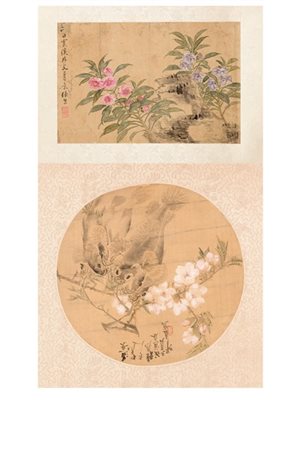 Due dipinti a inchiostro e colore su seta, raffiguranti pesci e rami fioriti, e