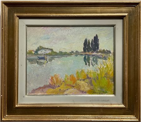 Giuseppe Senigaglia "Canale di Saccagnana a Treporti" 1985, olio su tela (cm 24x